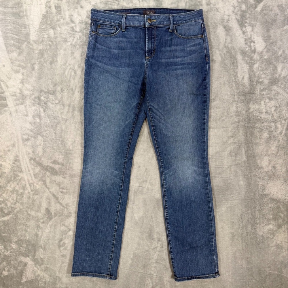 NYDJ Sheri Slim Jeans Womens Size 12 Blue Med Wash Lift Tuck Embroidered Pockets